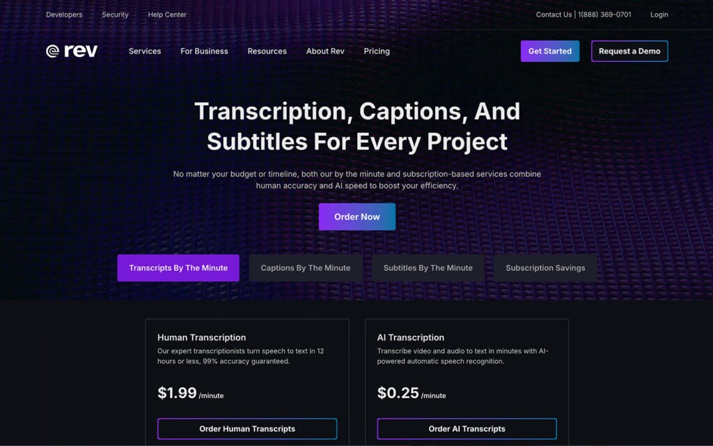 Rev homepage offering transcription, captions, and subtitles services for various projects