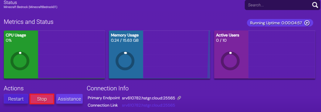 Minecraft Bedrock's server status overview with the Stop action highlighted.
