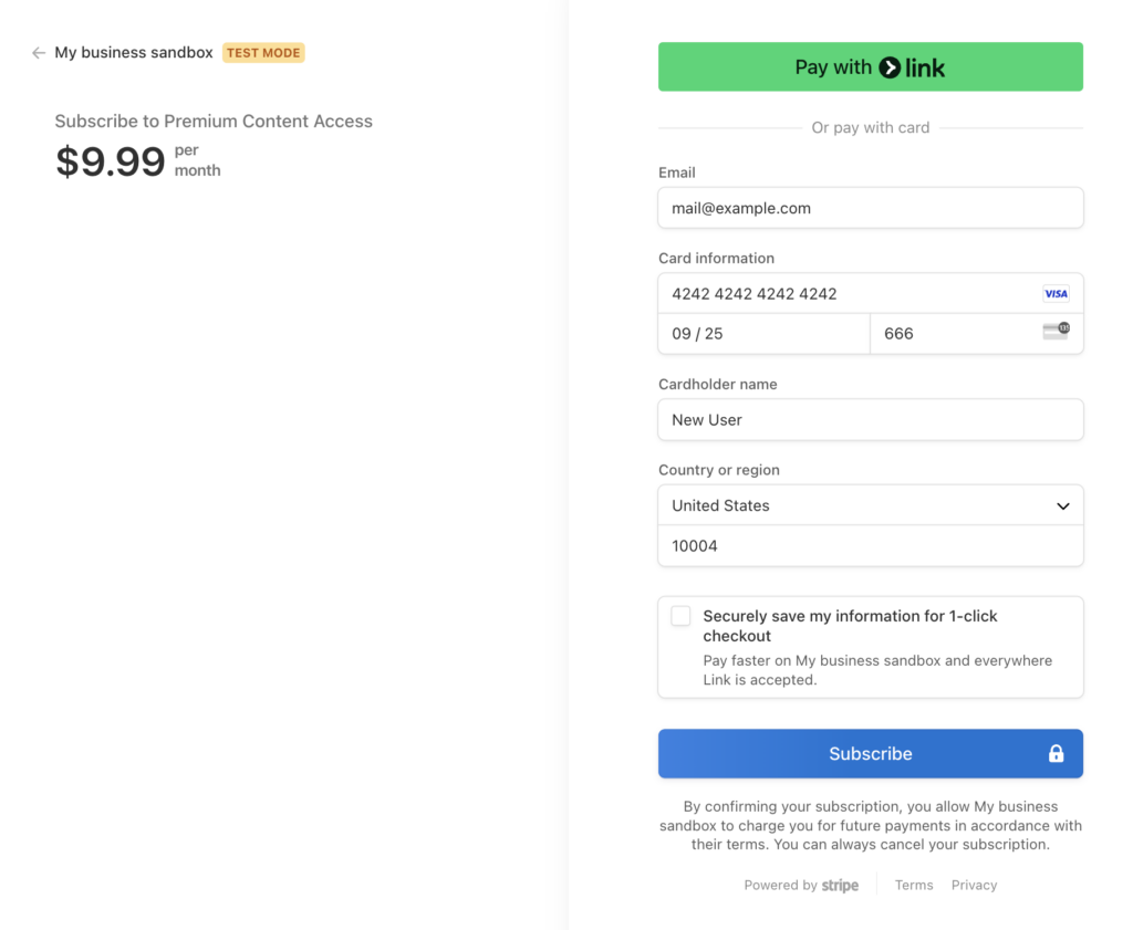 The Stripe checkout page