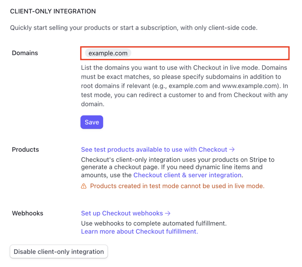 The Domains field in the CLIENT-ONLY INTEGRATION section of Stripe