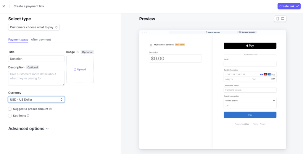 The Create a payment link dialog in Stripe