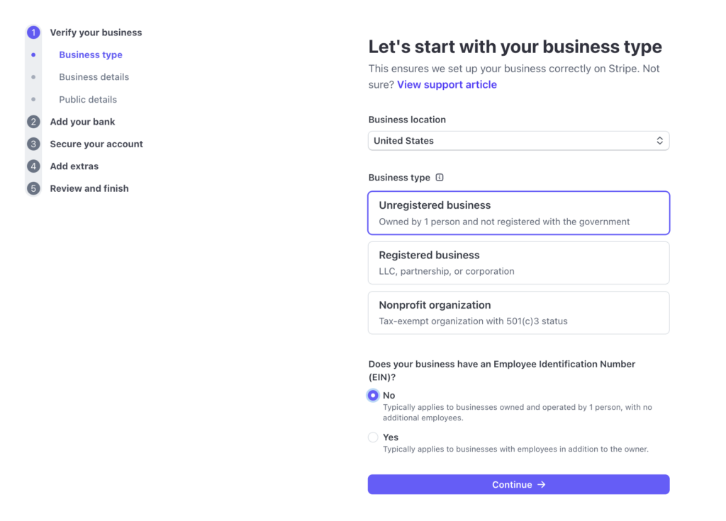 The Stripe live account onboarding process