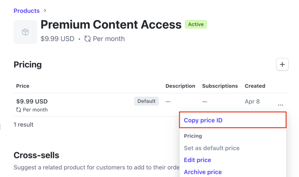 The Copy price ID option in a Stripe product