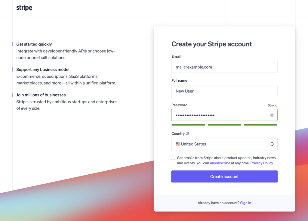 The Stripe registration page