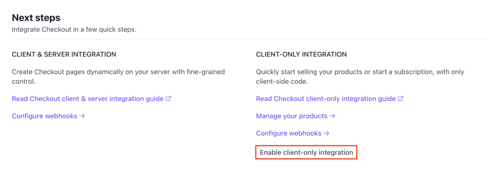The Enable client-only integration button in the Payments menu of Stripe's Settings page
