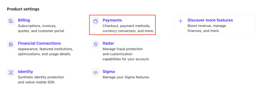 The Payments menu in Stripe's Settings page