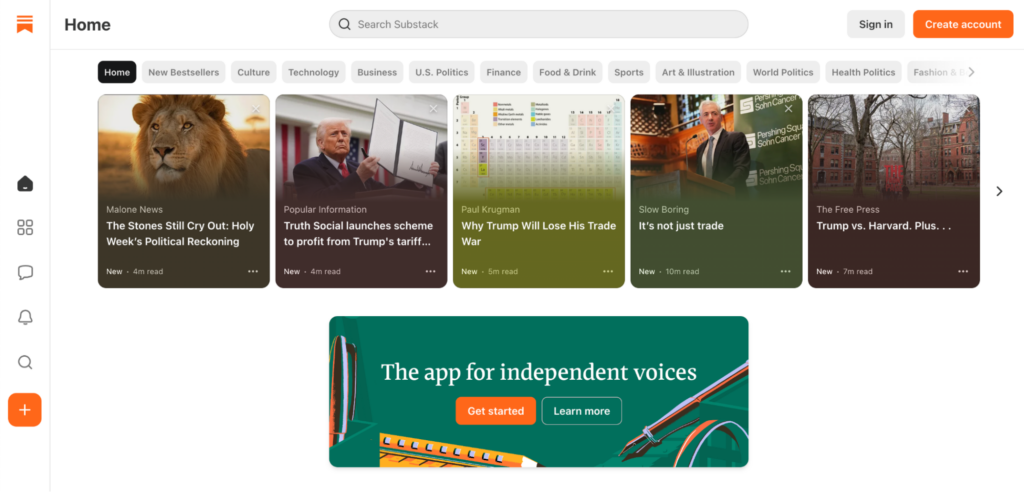 Substack landing page