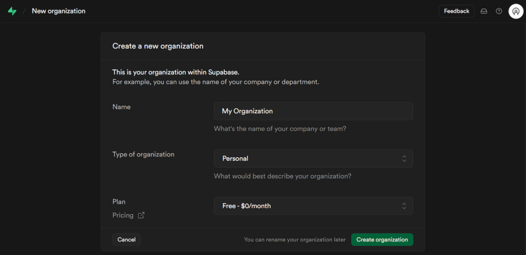Supabase organization creation page