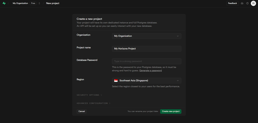 Supabase project creation page