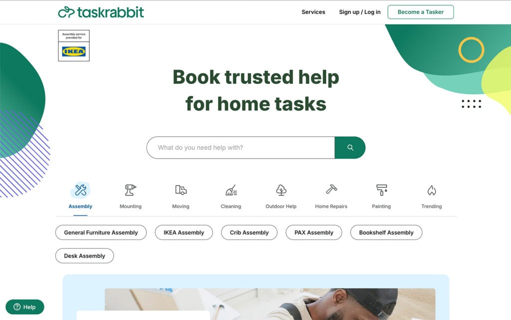 TaskRabbit homepage displaying various home task services like furniture assembly and cleaning