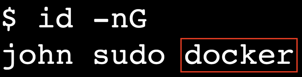 Terminal output showing docker group membership highlighted