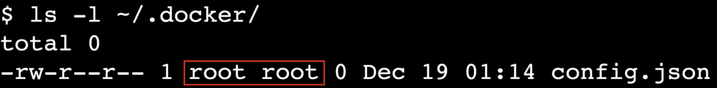 Terminal output showing root ownership of Docker config files
