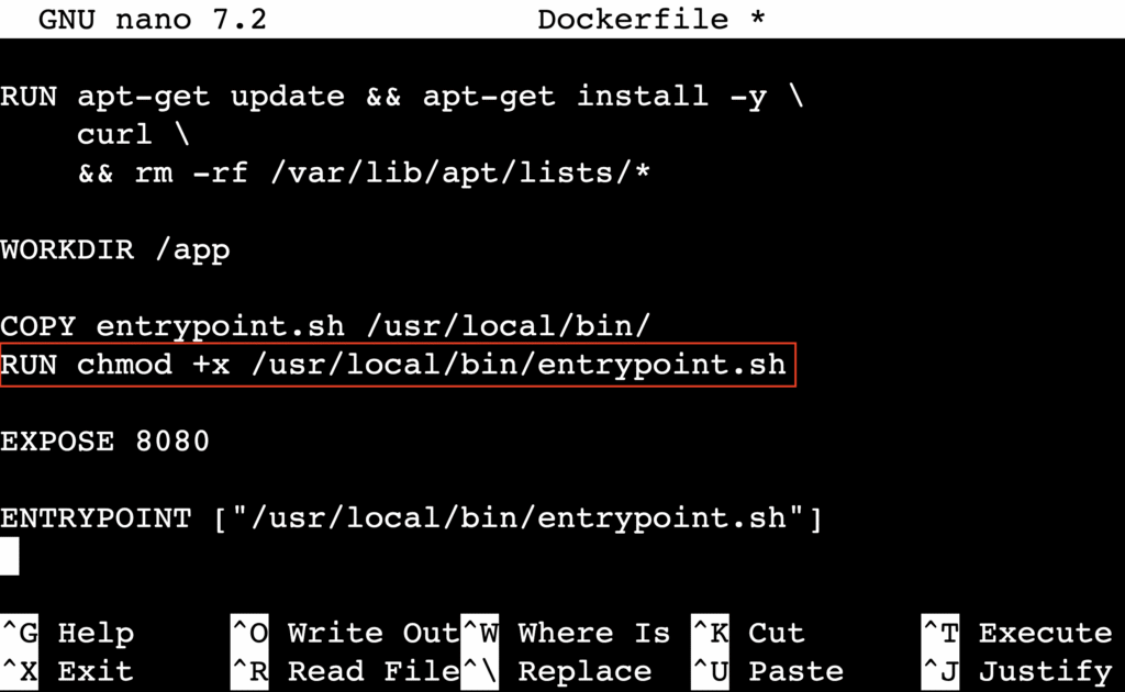 Dockerfile open in nano with chmod entrypoint script highlighted