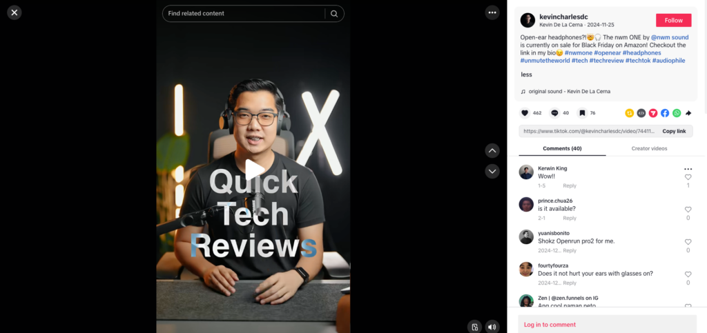 A TikTok post of an influencer reviewing a gadget
