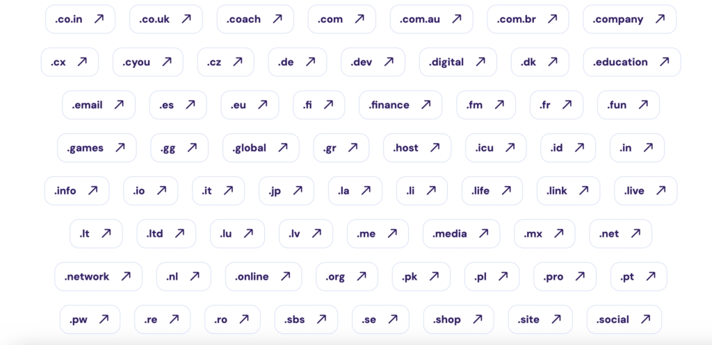 A graphic representation of various TLDs available with Hostinger