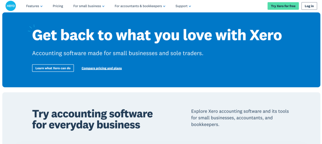Homepage of Xero
