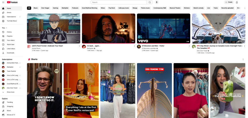 YouTube feed, showing curated recommendations