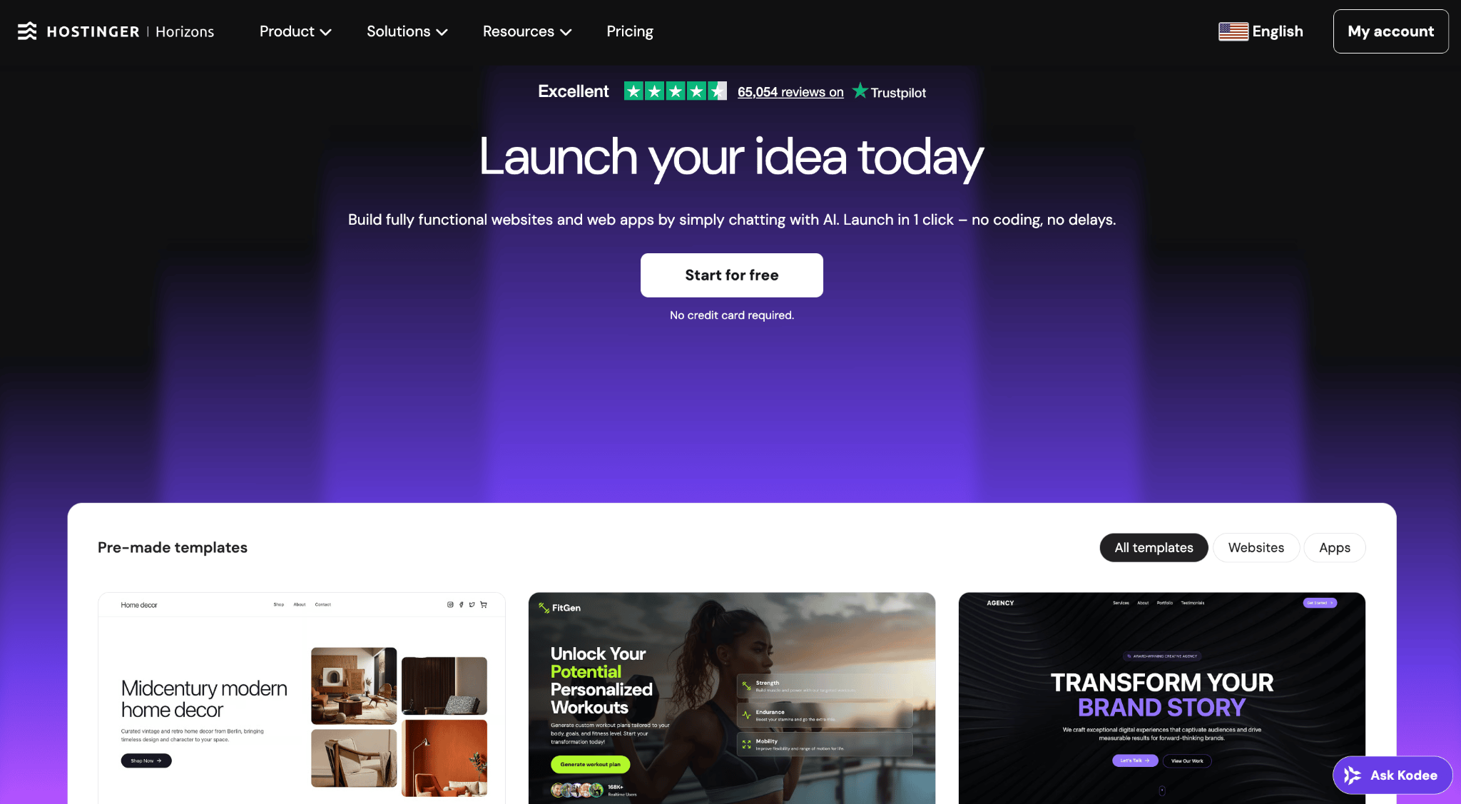 Homepage of Hostinger Horizons
