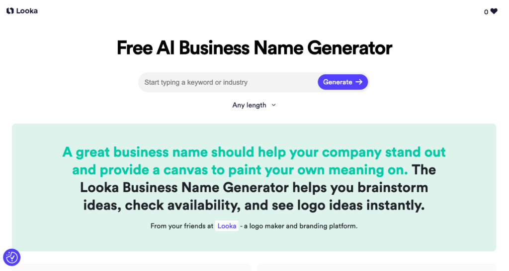 Looka business name generator with the search field