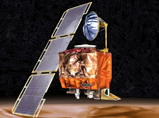 A detailed illustration of a spacecraft with solar panels and scientific instruments, set against a dark starry background.