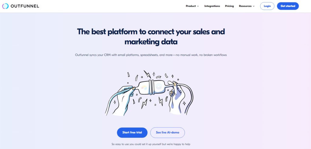 Homepage of Outfunnel, showcasing their CRM integration service with a light illustration of hands connecting cables. Features a call to action.