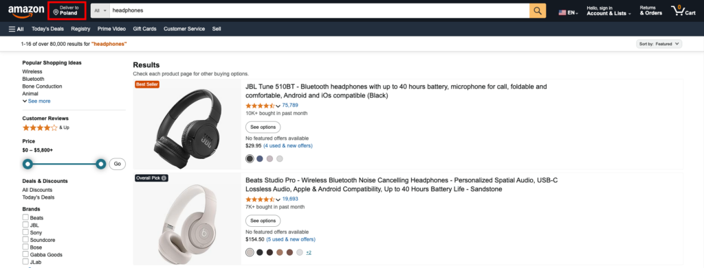 Amazon search results, highlighting the option to change delivery location