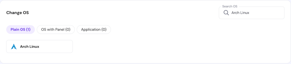 The Arch Linux template on Hostinger's VPS OS management menu