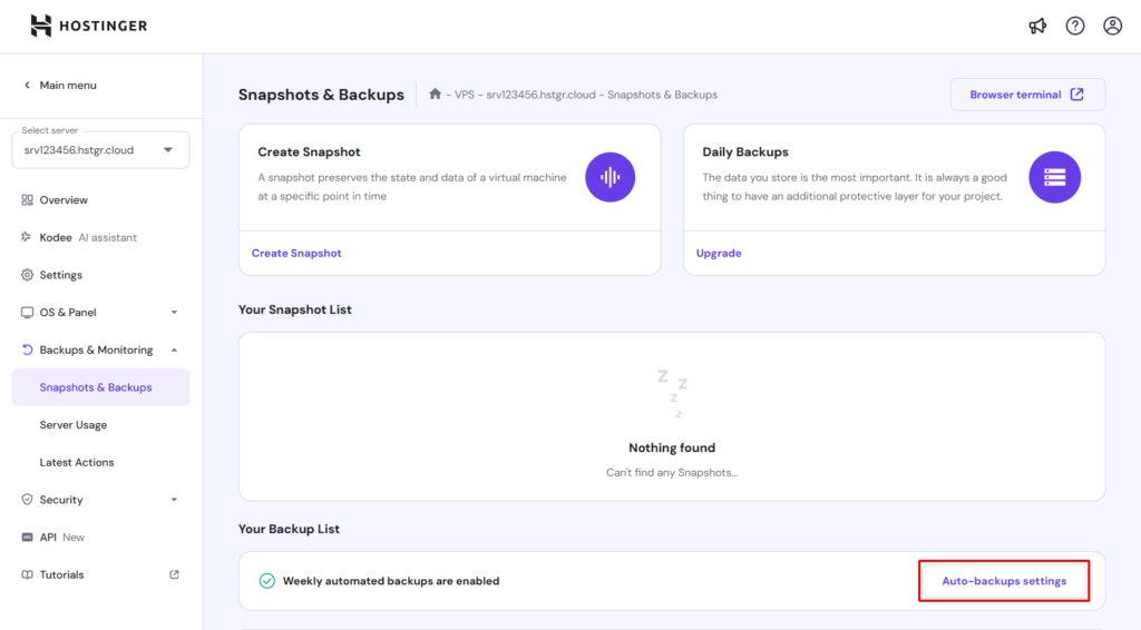 Automated backup settings in hPanel.