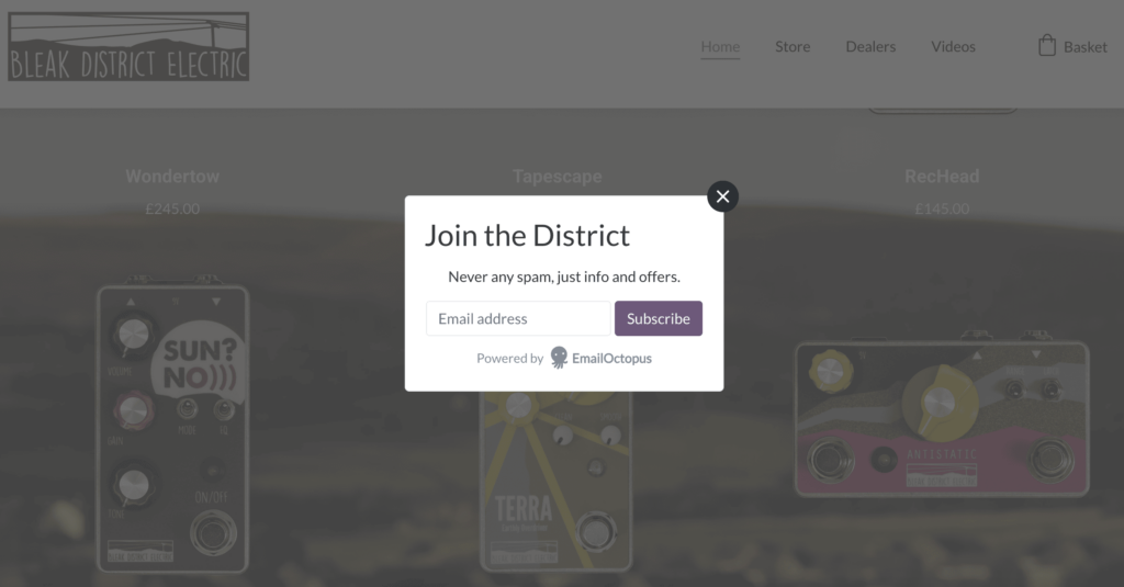 Popup panel for email list on homepage of Bleak District Electric