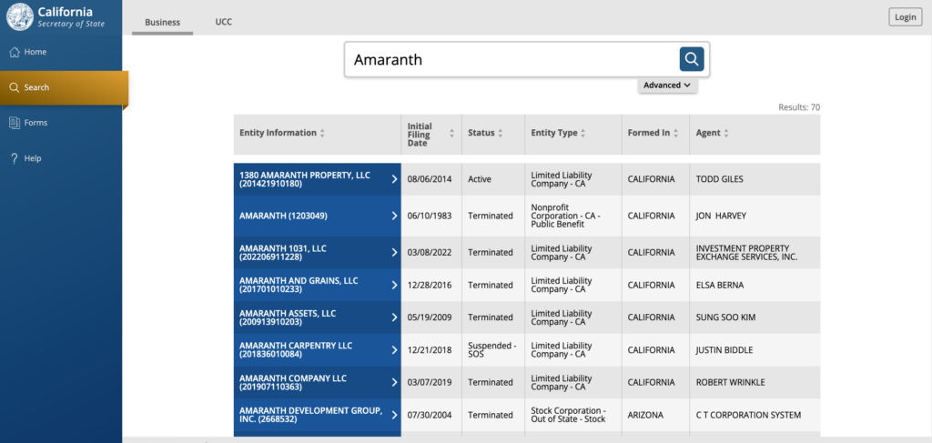 California's Secretary of State website, showing search results for a business name