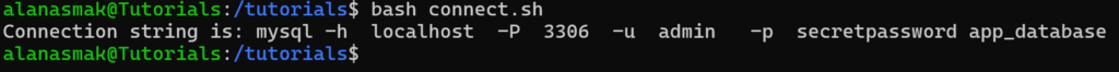 The output of the connect.sh script defined above which returns parsed out values taken from the mysql.env file to form a full connection string to a MySQL server.