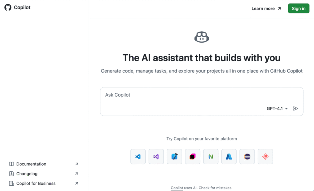 Homepage of Github Copilot