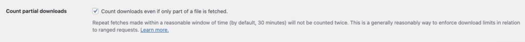 The Count partial downloads option in WooCommerce downloadable products settings