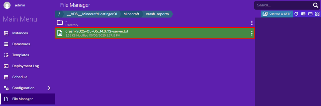 Crash report location in Game Panel's File Manager.