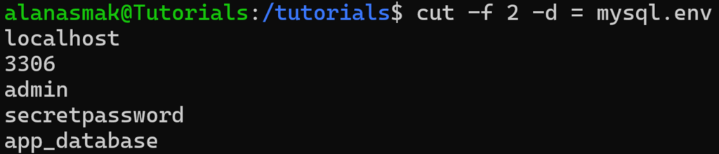 Usage of the cut command with the field option, with the custom delimiter being set.