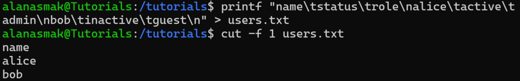 Example of the cut command being used with the field option without any extra parameters on a sample, tab-separated file.