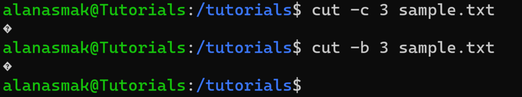 Display of what occurs when you use the cut command with characters and bytes on a character which requires multiple bytes to store.