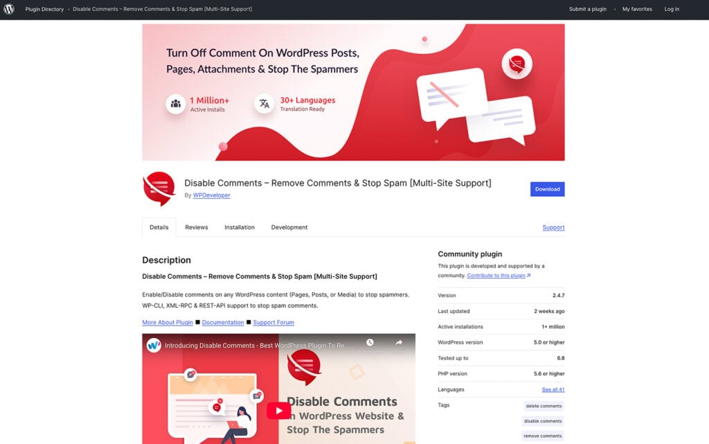 WordPress plugin page for "Disable Comments" with features highlighted, including 1M+ installs and multi-site support