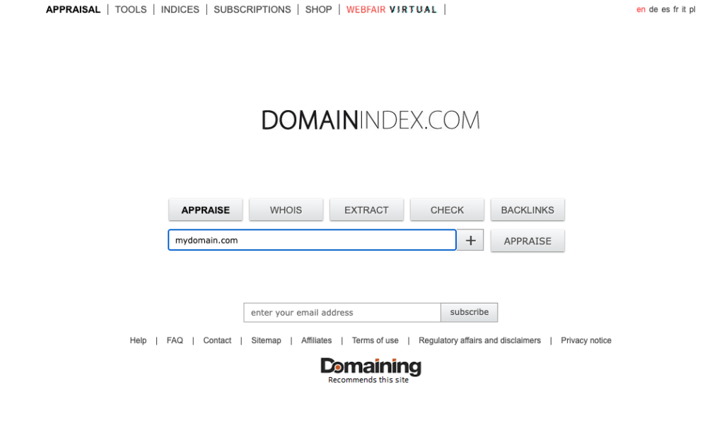 Domain index appraisal tool with search field the appraise button