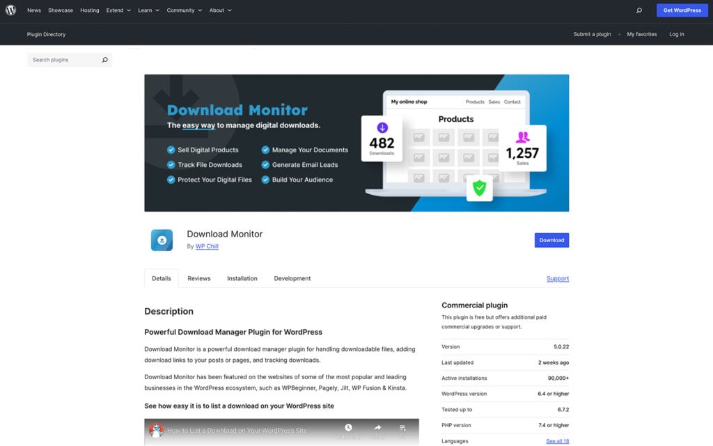WordPress Download Monitor plugin page featuring a dark-themed banner highlighting features like file tracking, product sales, and audience building