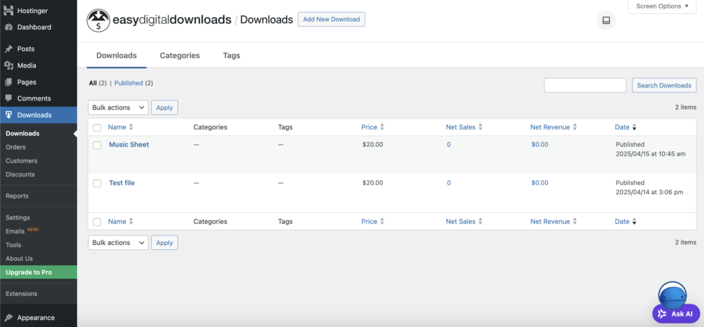 The Easy Digital Downloads plugin dashboard
