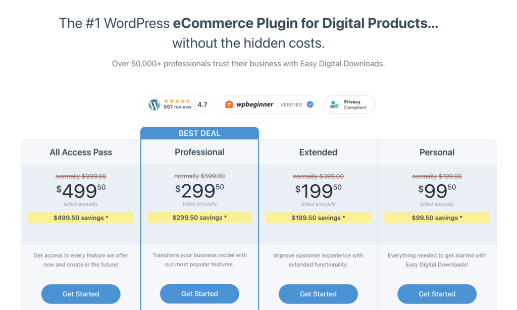 Easy Digital Downloads' pricing table