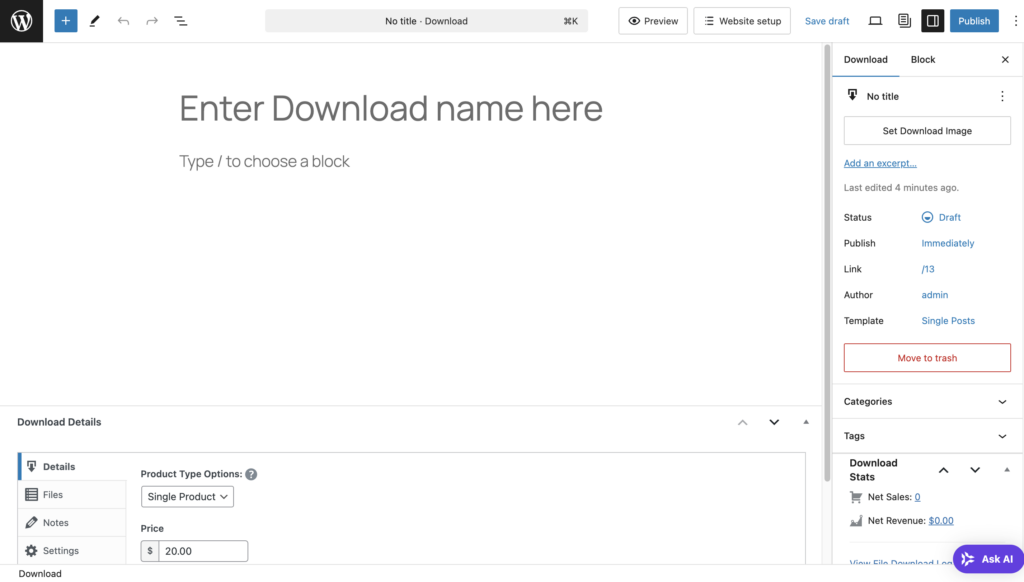 Easy Digital Downloads' product page editor interface