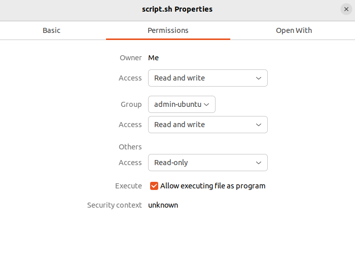 The file permission configuration menu in Linux's graphical user interface