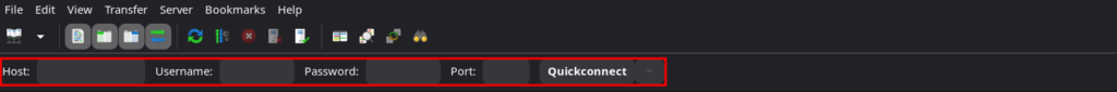 FileZilla GUI with Quickconnect fields highlighted