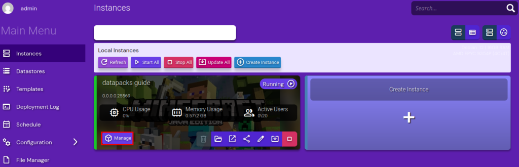 Game Panel GUI showing server instances with Minecraft server's "Manage" button highlighted