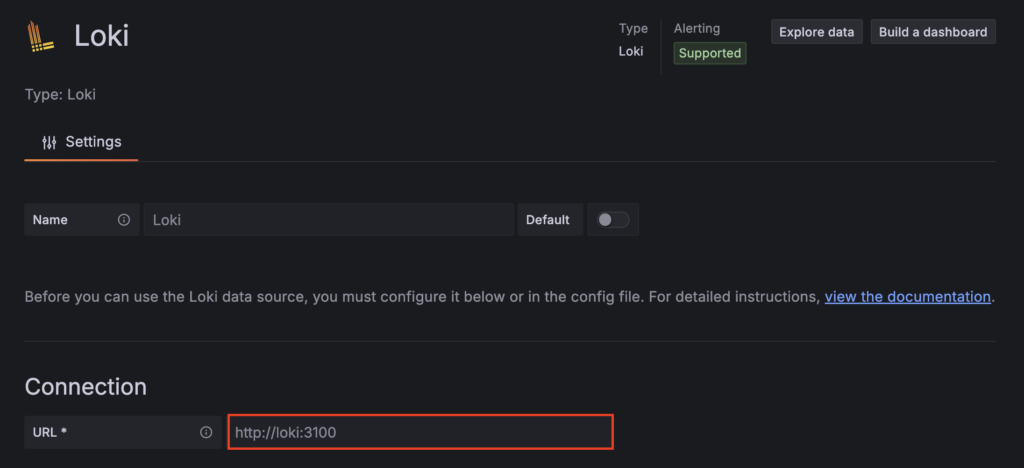 The data source configuration page for Loki in Grafana