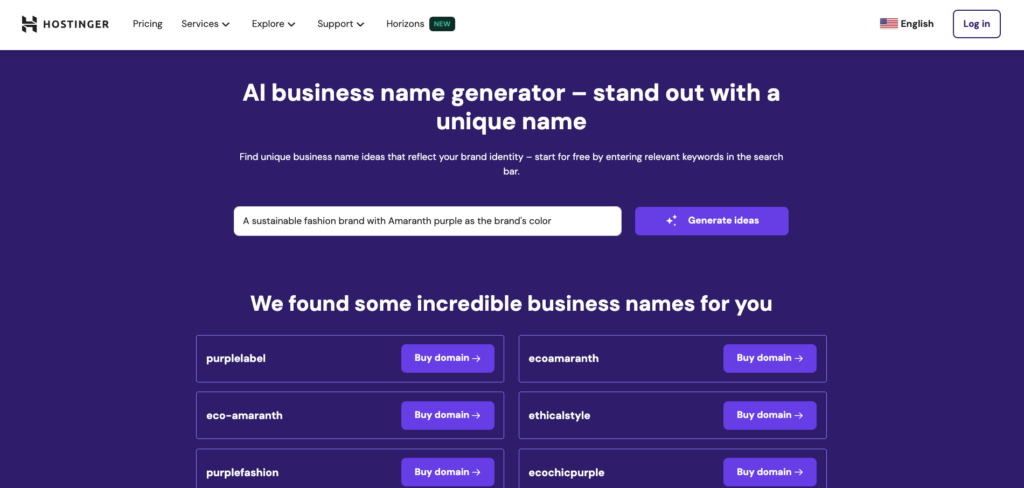 Hostinger AI Business Name Generator, showing business name ideas based on the entered description