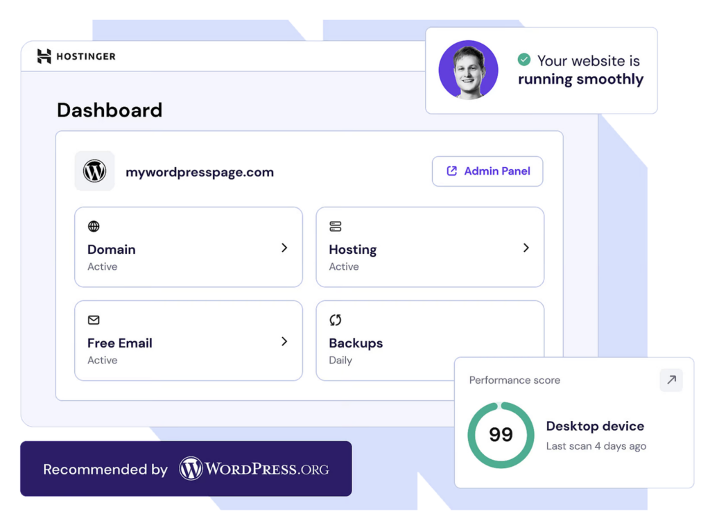 Hostinger dashboard showing a WordPress website management panel with domain, hosting, free email, and backups active, and a performance score