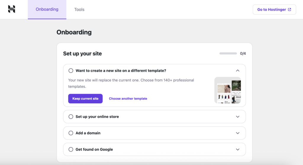 The Hostinger's Easy Onboarding WordPress plugin's interface